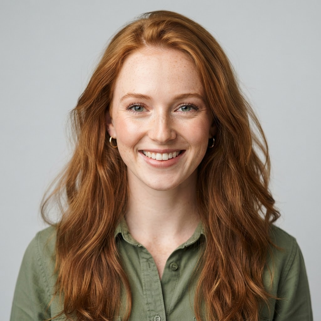 Member with auburn hair in an olive shirt